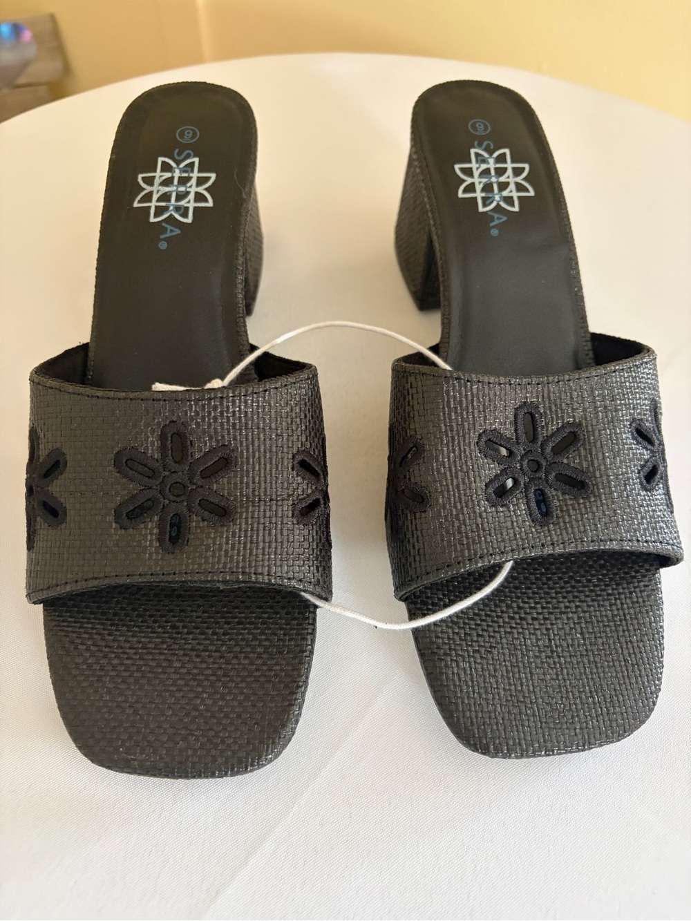 Serra Black Textured Slide Mules with Floral Cutouts